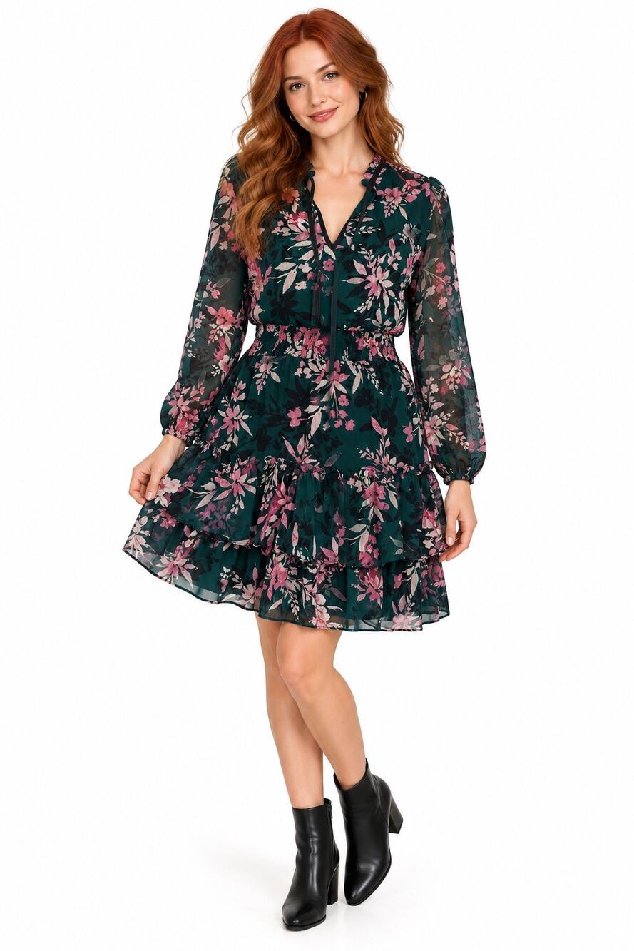 Bar III Dark Green & Pink Tie V-Neck Smocked Waist Long Sleeve Knee Length Dress